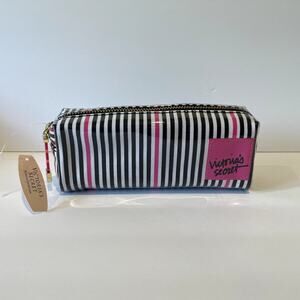 Victoria's Secret Make Up Bag Womens Black White Pink Stripe Beauty Cosmetic